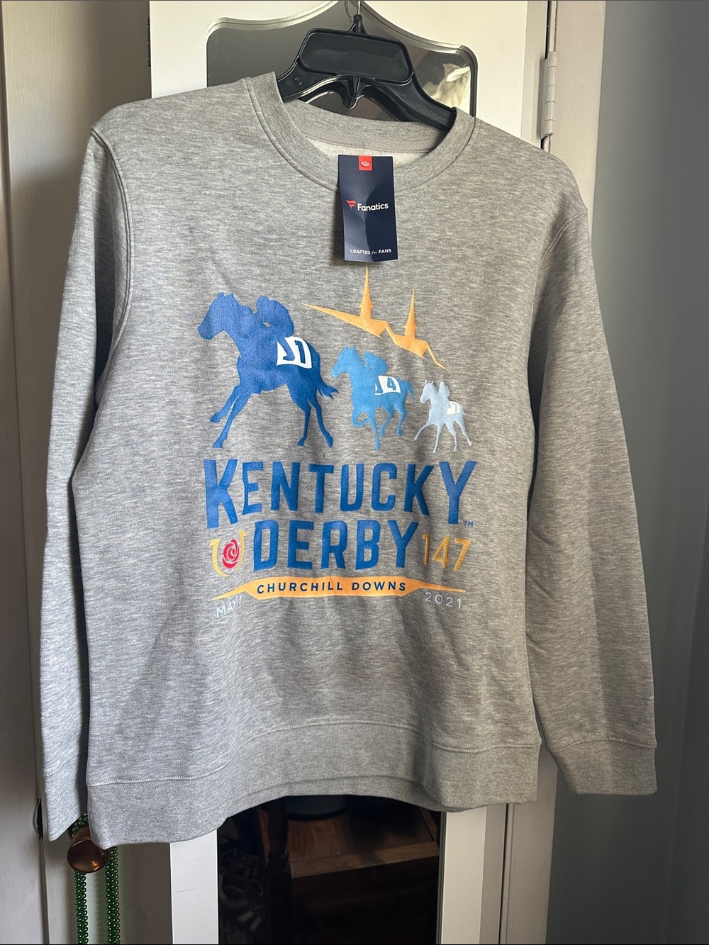 Fanatics Grey Kentucky Derby Graphic Crewneck with Blue and Gold Accents